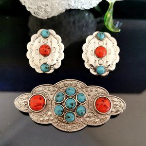 Vintage Turquoise and Coral Silver-Tone Brooch and Earring set